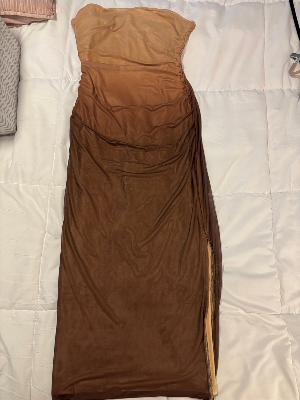Strapless Ombre Tan-to-Brown Midi Dress